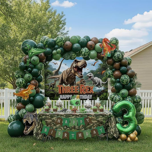 T Rex Dinosaur Birthday Decorations include Hunter Green Brown Gold