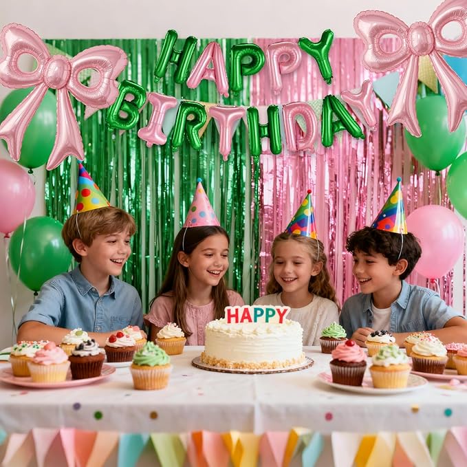 Pink and Green Happy Birthday Balloons, 31”Huge Pink Bow Aluminum