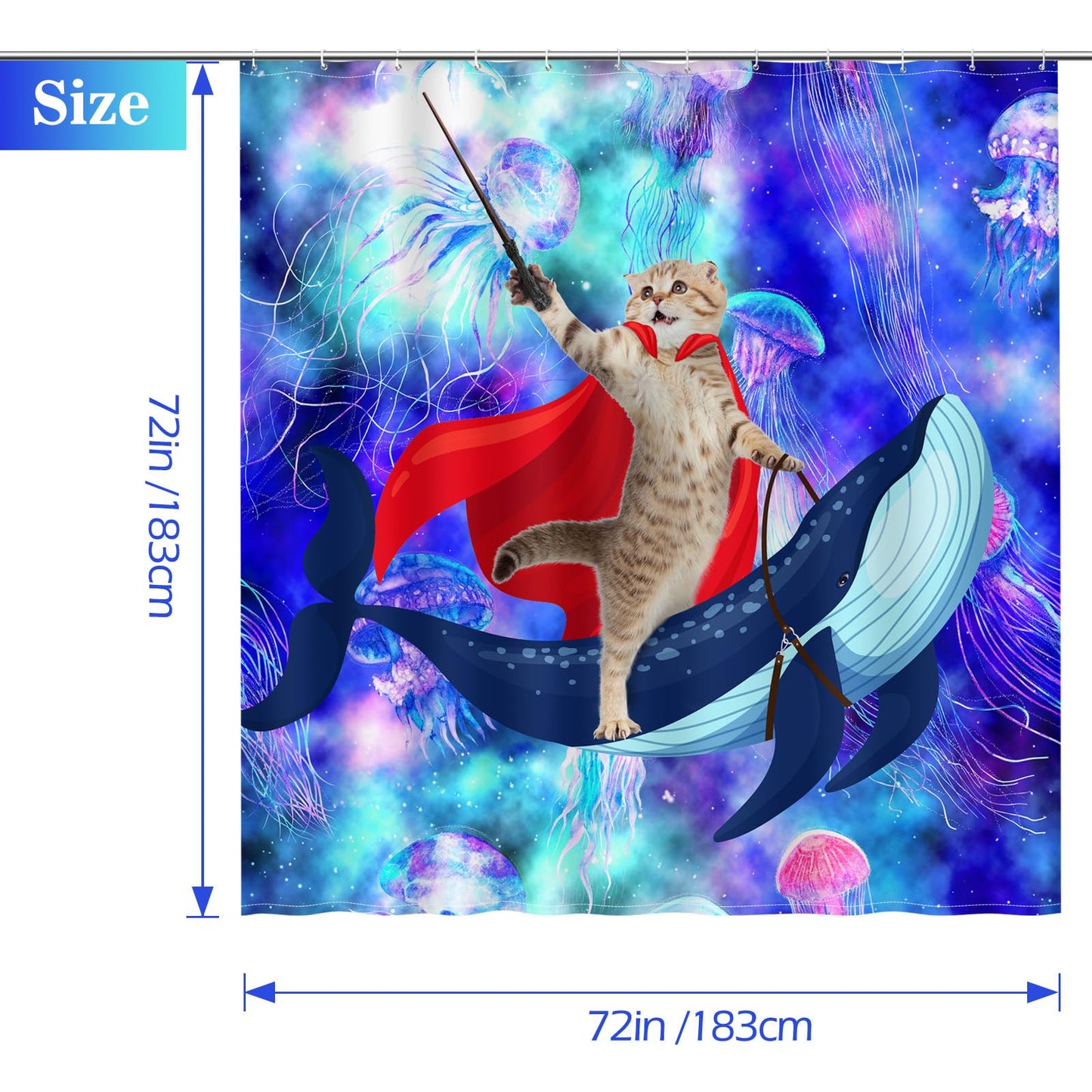 Aimego Funny Cat Shower Curtains - Cute Cat Riding Whale Shark on