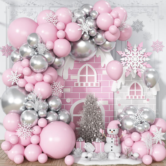 Pink and Silver Balloon Arch Kit, Metallic Silver Macaron Pink Balloon