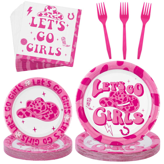 durony 96 Pieces Let's Go Girls Party Tableware Serve 24 Guests