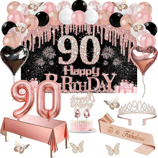 90th Birthday Decorations for Women 49pcs Black Rose Gold Black