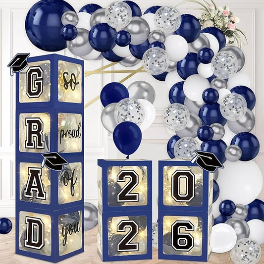 Navy Blue Graduation Decorations 2026 Set of 4 Grad Balloon Boxes