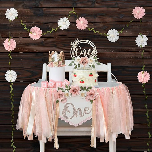 First Birthday Decorations for Girl Light Pink High Chair Banner One