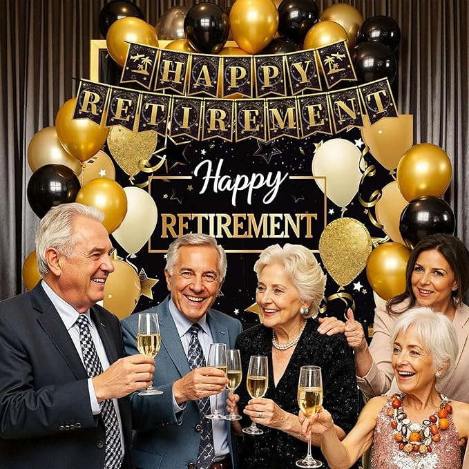 Retirement Party Decorations Includes Banner, Backdrop, Cake Topper,