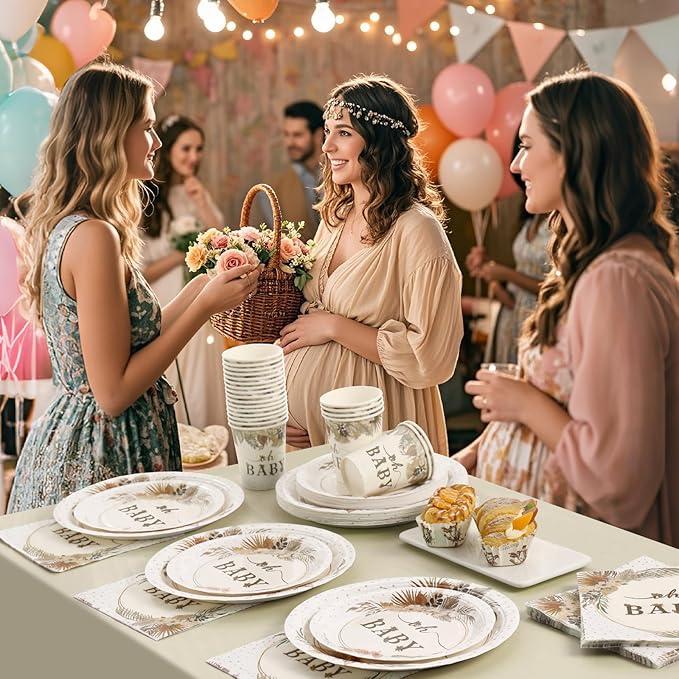 140 Pcs Boho Baby Shower Decorations for Girl, Baby Shower Plates