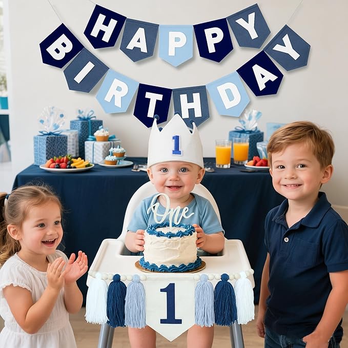 Felt Navy Blue Happy Birthday High Chair Banner Pre-Strung Birthday