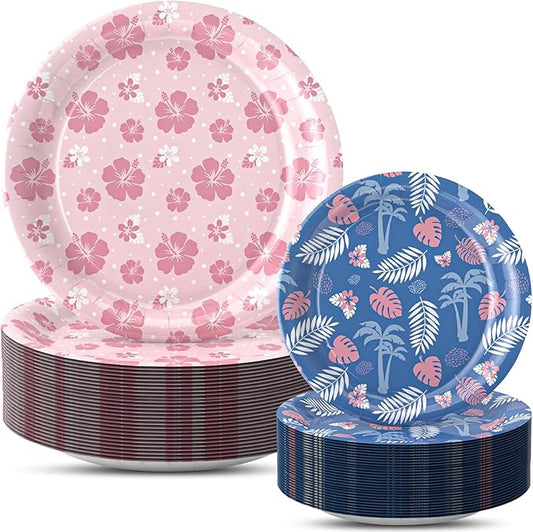 50 PCS Luau Tropical Birthday Party Plates 9Inch Pink Hibiscus 7Inch