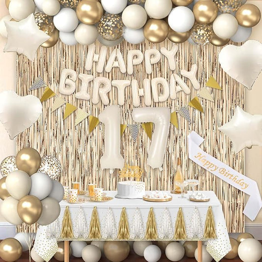 17th Birthday Decorations for Girls, White and Gold 17 Boho Birthday