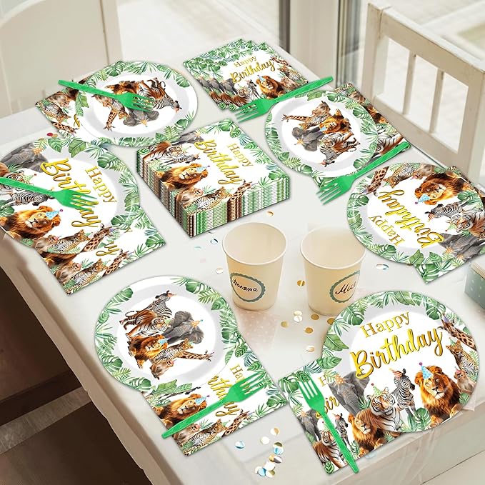 96Pcs Jungle Animals Plates and Napkins Safari Happy Birthday Party