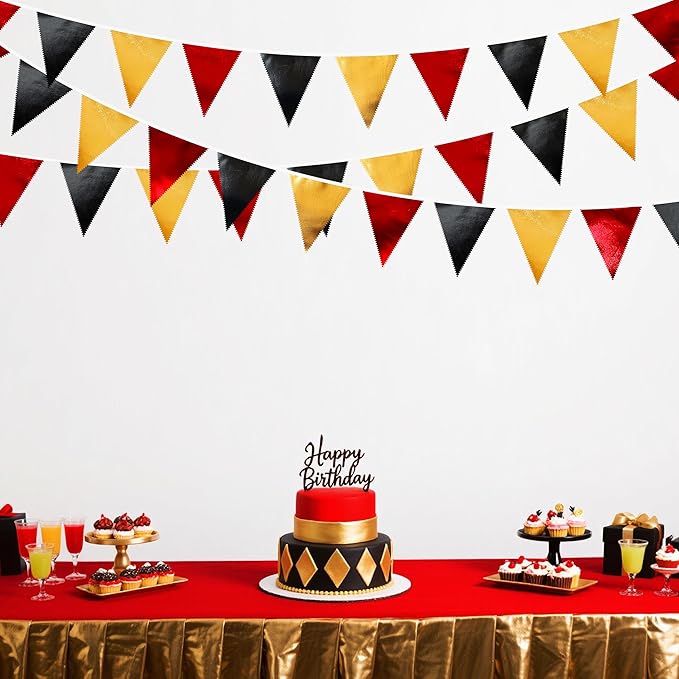 Red Black Gold Party Decorations Metallic Fabric Triangle Pennant