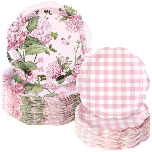 Mumufy 100 Pack Hydrangea Paper Plates 9" & 7" Disposable Checkered