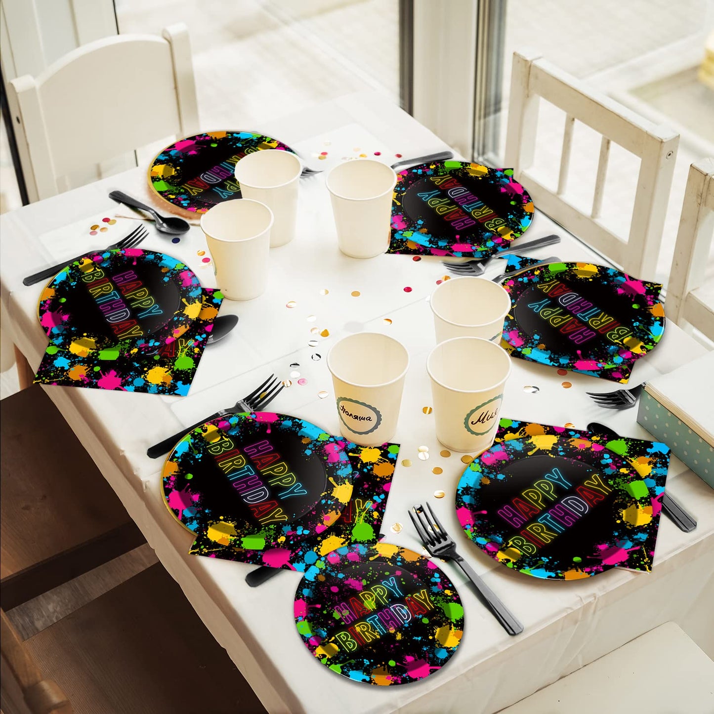 chiazllta 96 Pcs Neon Party Paper Plate and Napkins Neon Birthday