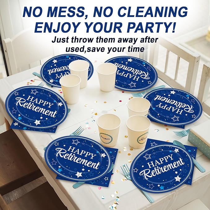 Happy Retirement Party Oval Paper Plates 11inch Blue Silver