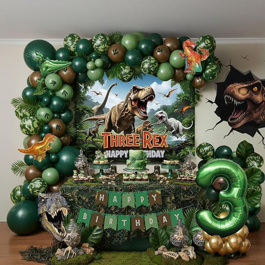 T Rex Dinosaur Birthday Decorations include Dark Green Brown Gold