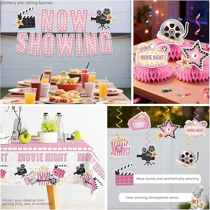 213 PCS Pink Movie Night Decorations Movie Theme Party Supplies