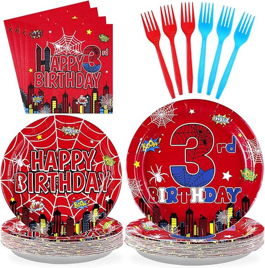 96Pcs Spider 3rd Birthday Decorations for Boys Super Theme Hero 3rd