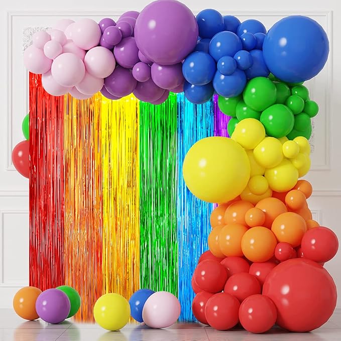 4 Pack Rainbow Foil Fringe Backdrop Curtains, Tinsel