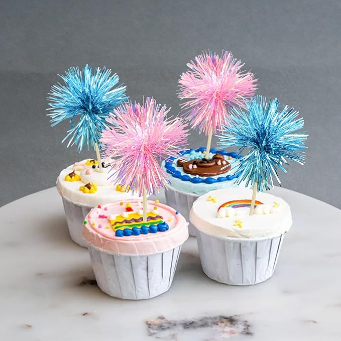 30Pcs Foil Firework Cupcake Toppers Sparkle Tinsel Cake