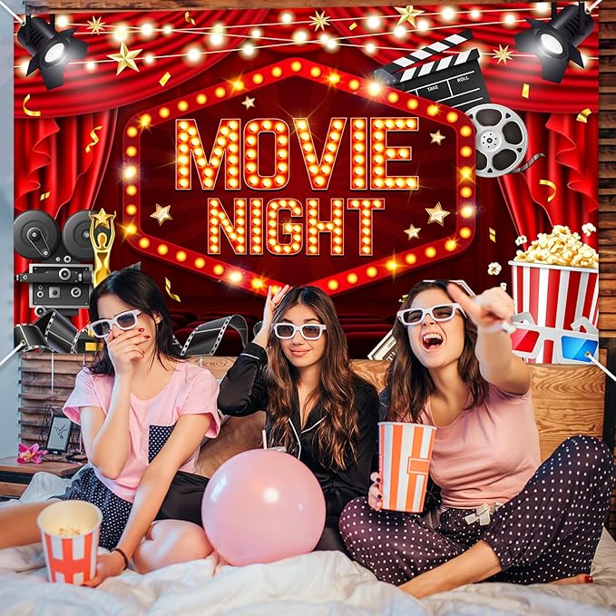 Mocsicka Movie Night Backdrop Banner 6x3.6ft Movie Theme Background