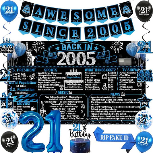 21st Birthday Decorations for Him Black Blue Back in 2005 Birthday
