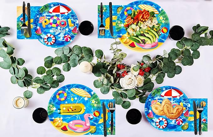 150Pcs Pool Party Supplies Set 9 & 7 Plates Napkins Knives Forks