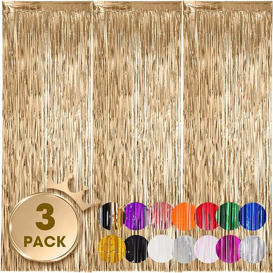 Voircoloria 3 Pack 3.3x8.2 Feet Champagne Foil Fringe Backdrop