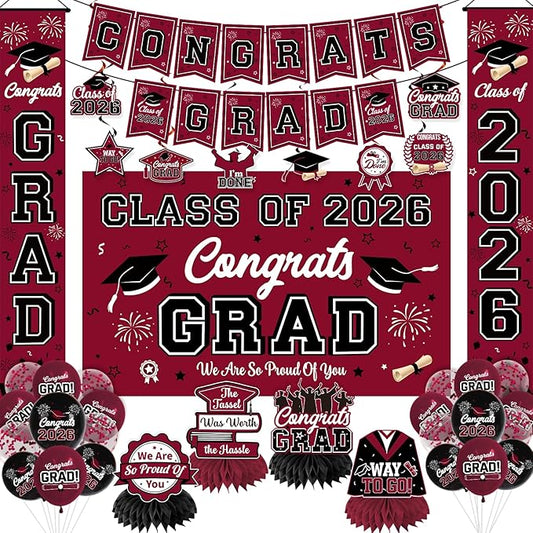 Graduation Decorations 2026 Maroon Graduation Party Decor Set include