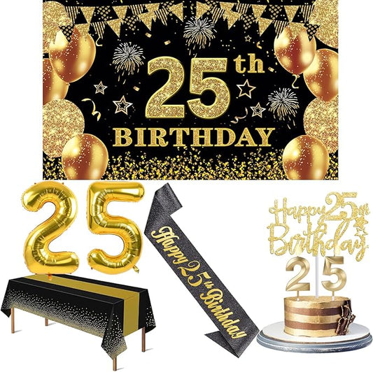 25th Birthday Decorations Men Women with 25th Birthday Banner Black