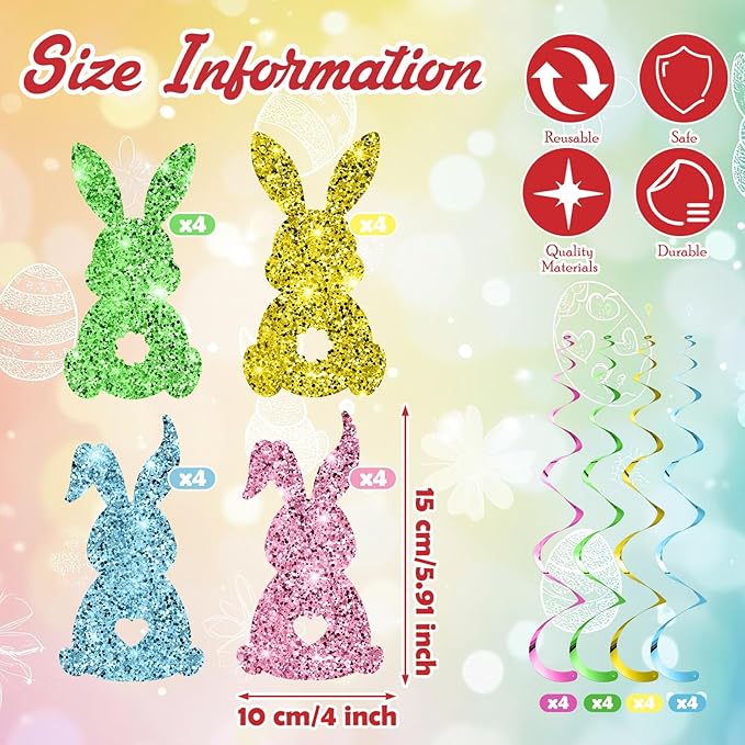 32 Pcs Easter Party Decorations Bunny Shaped Double Sided Glitter