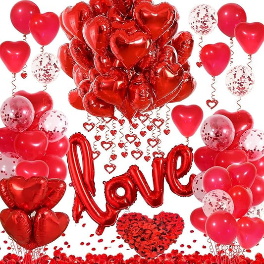Valentines Day Decorations with Red Heart Balloons and Love