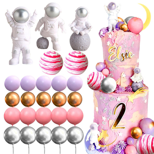 LaVenty Pink Space Cake Toppers Outer Space Astronaut Rocket Stars