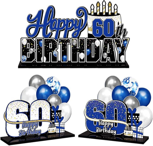 LINGTEER Happy 60th Birthday Blue Acrylic Table Topper Centerpieces