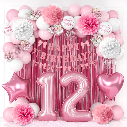 12th Birthday Decorations for Girls Pink Number 12 Balloon Bow