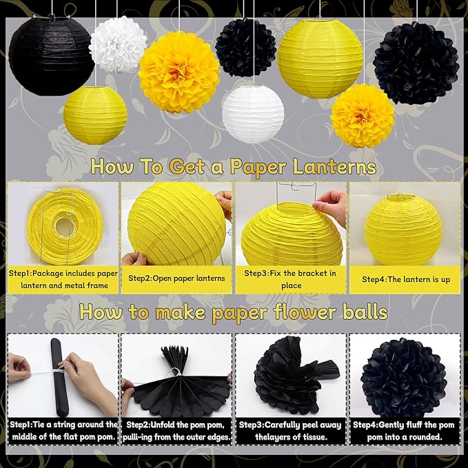 KAXIXI 15 Pcs Yellow Black White Party Decorations - Hanging Paper