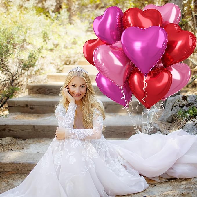Hot Pink Foil Heart Balloons, 12 Pcs 18 Inch Mylar Heart Shaped Pink