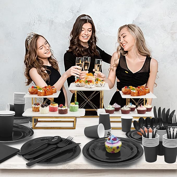 168pcs Black Paper Plates and Napkins for Halloween Birthday