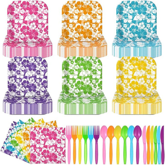 240 Pcs Hibiscus Party Square Plates and Napkins Hawaiian Theme