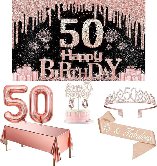 50th Birthday Decorations for Her with Banner Rose Gold Tablecloth