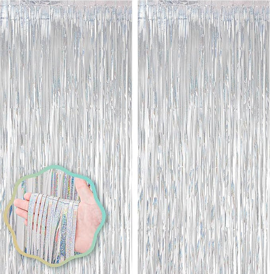 Voircoloria 2 Pack Laser Silver Foil Fringe Backdrop Curtains, Tinsel