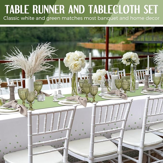 Breling 24 Pack White and Sage Green Disposable Plastic Tablecloths