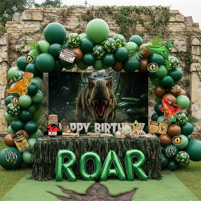 Dinosaur Birthday Decorations with Hunter Green Brown balloon arch &