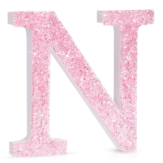 Qunclay Pink Crystal Diamond Letter Wall Decor, Glitter Wooden Bling