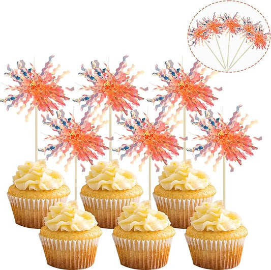 Gyufise 30Pcs Foil Firework Cupcake Toppers Sparkle Tinsel Cake #28