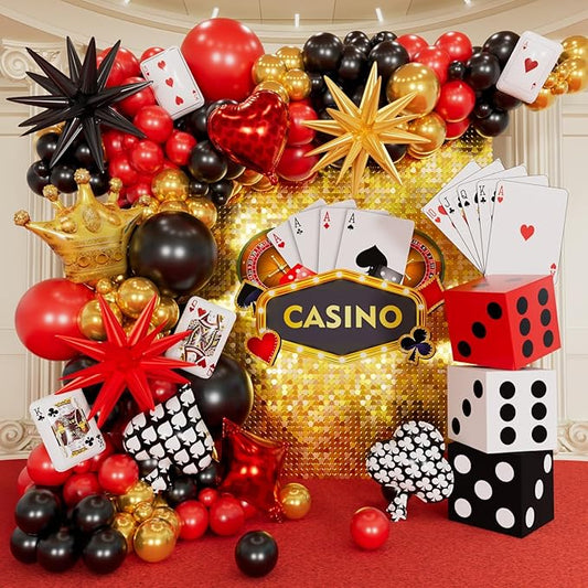 Casino Balloons Arch Kit - Latex Balloons, Dice Boxes, Full Deck of