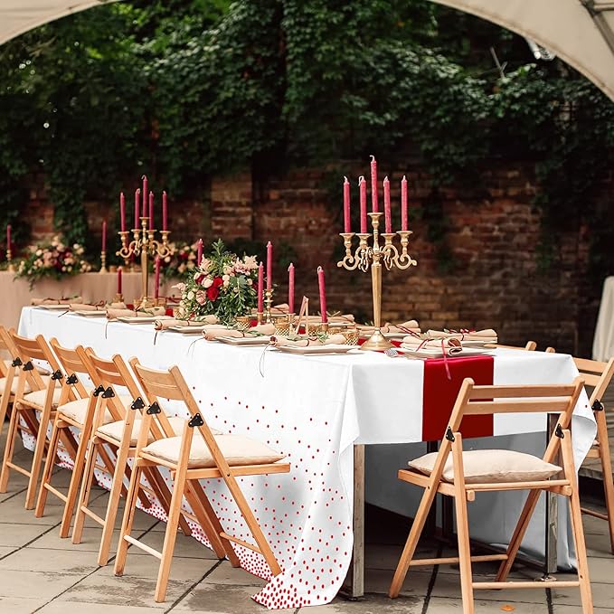8Pack Disposable Plastic Tablecloths and Satin Table Runner Set White