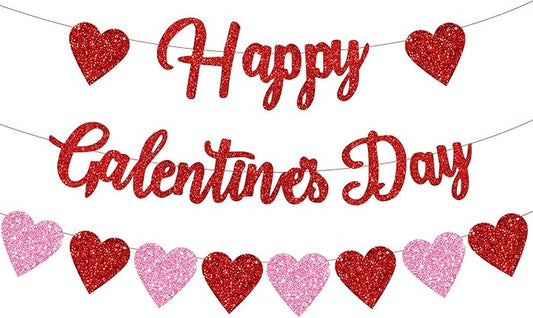 Happy Galentine's Day Banner with Red Pink Glitter Hearts for Home