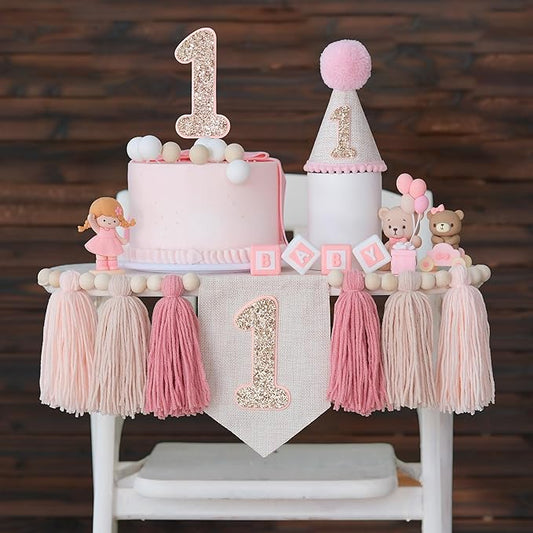 Pink 1st Birthday Decoration High Chair Banner for Girl 1st Birthday