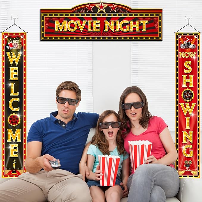 3 Pcs Movie Night Porch Banner Decorations Movie Theme Party Hanging