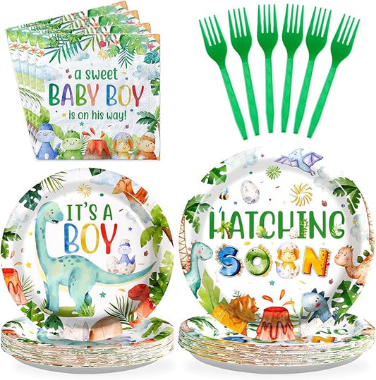 96Pcs Dinosaur Baby Shower Decorations Watercolor Dinosaur Plates